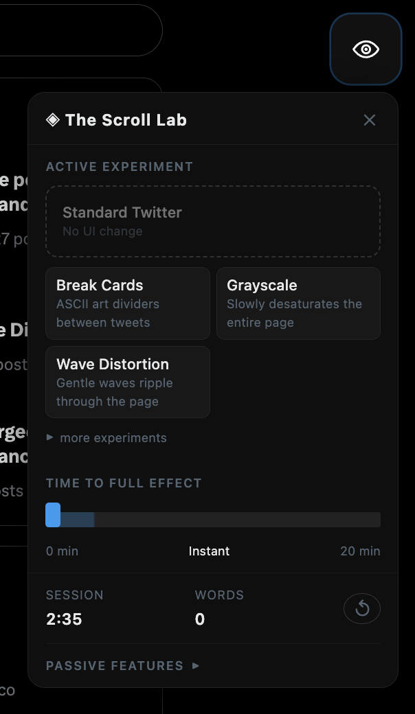 The Scroll Lab — panel and experiments overview.