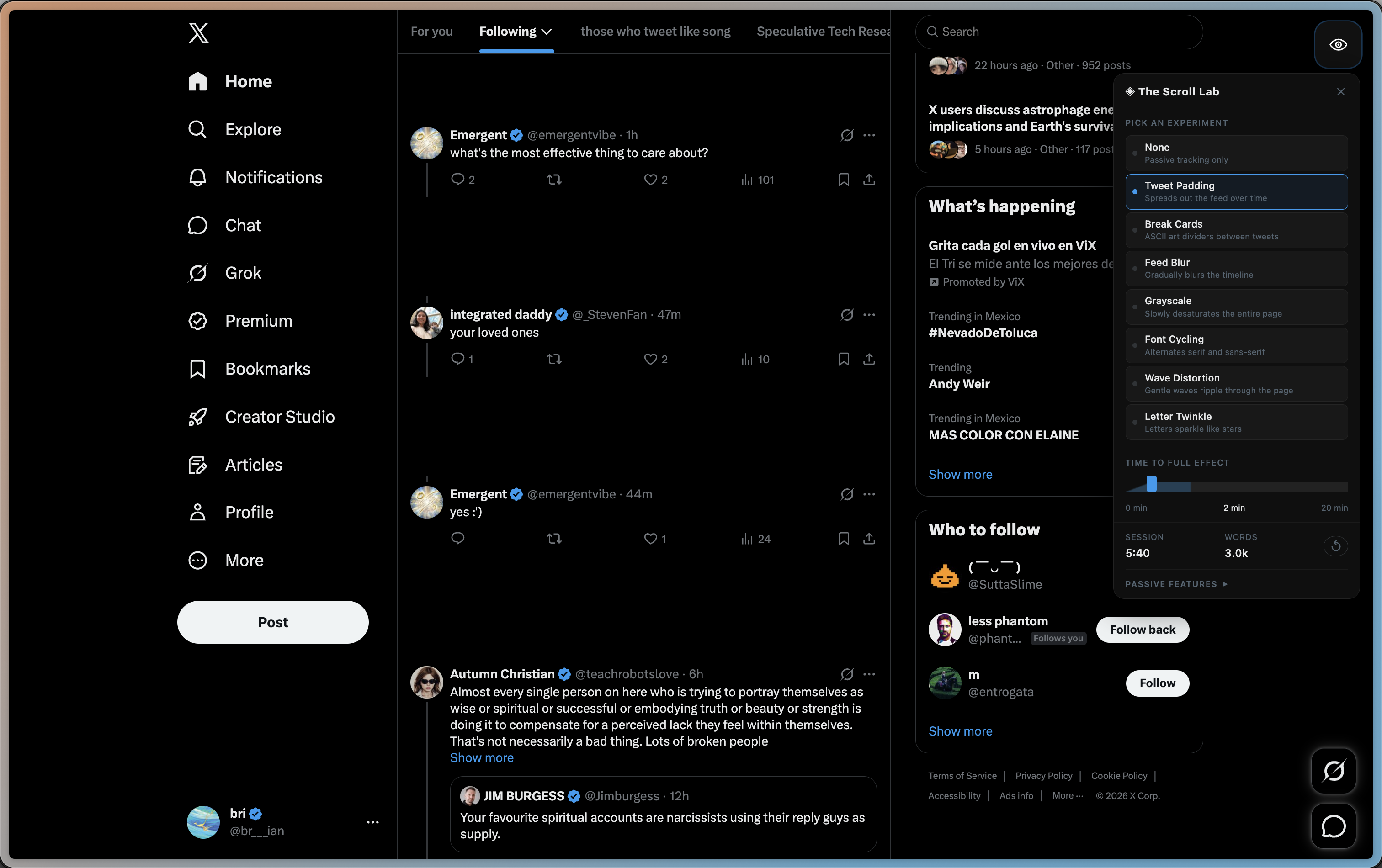 Tweet Padding — extra whitespace between posts slows the scroll cadence.