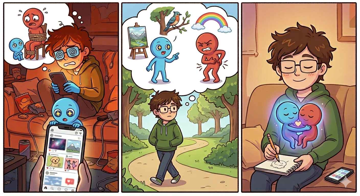 A three-panel illustration: compulsive phone use, stepping away to reflect, and arriving at a balanced, integrated relationship with the device.