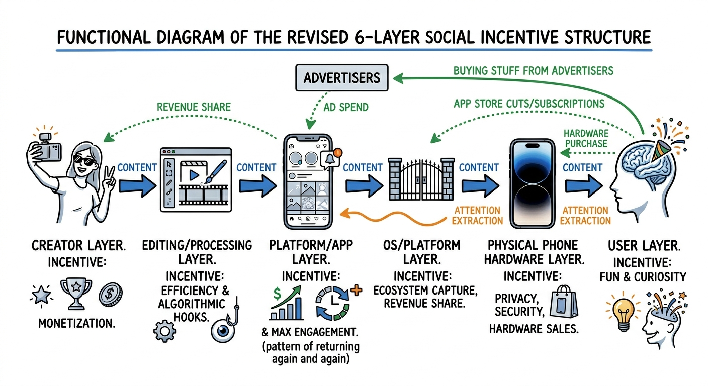 Functional diagram of the revised 6-layer social incentive structure: creator, editing/processing, platform/app, OS/platform, physical phone, and user layers, with revenue share, ad spend, content, and attention flows between them.